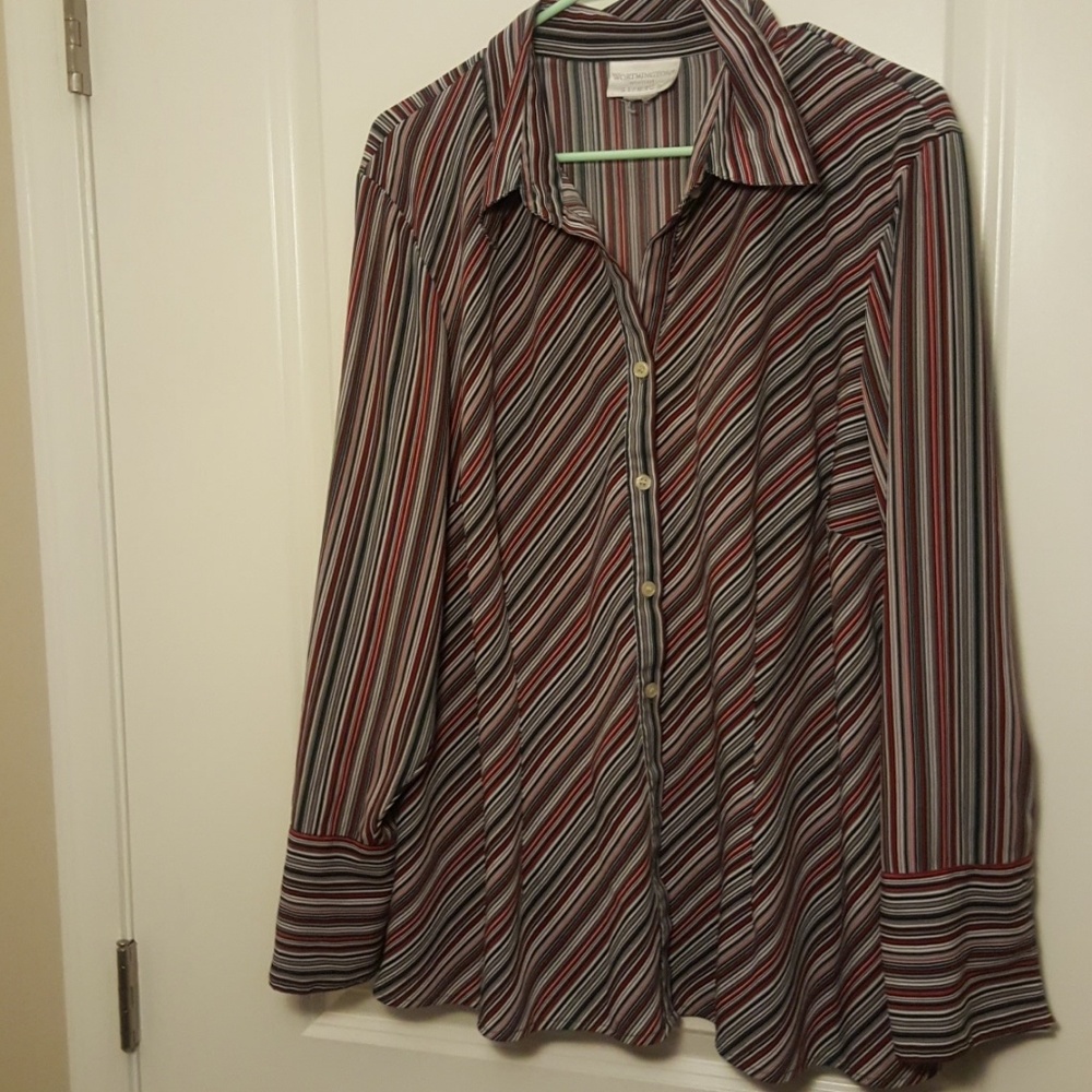 1xl red, black, and white stripped button down top